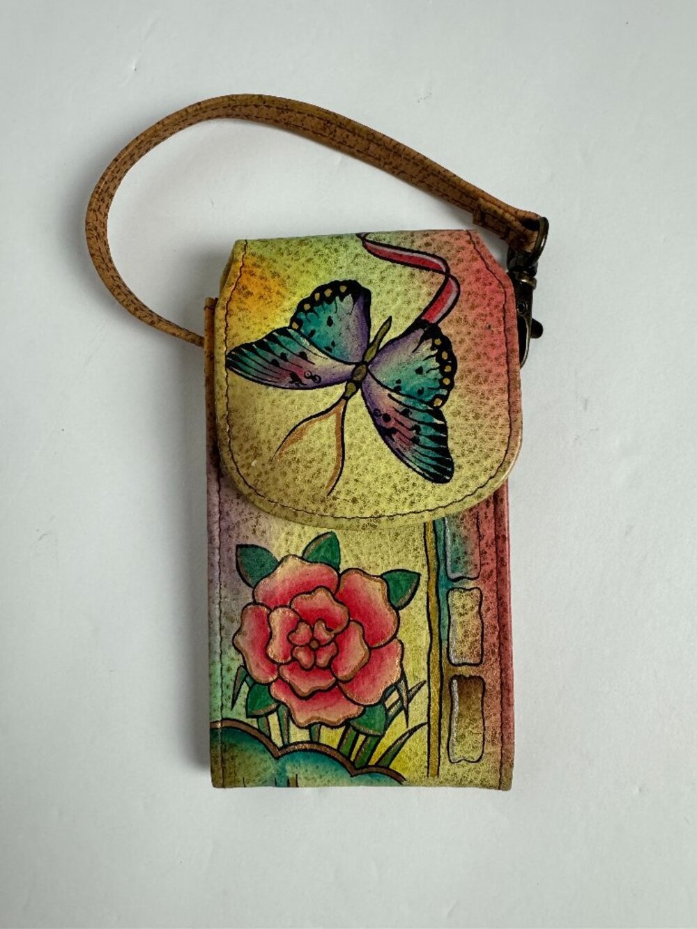 Anuschka Leather Handpainted Butterfly Floral Mini  Change Purse Handbag Phone